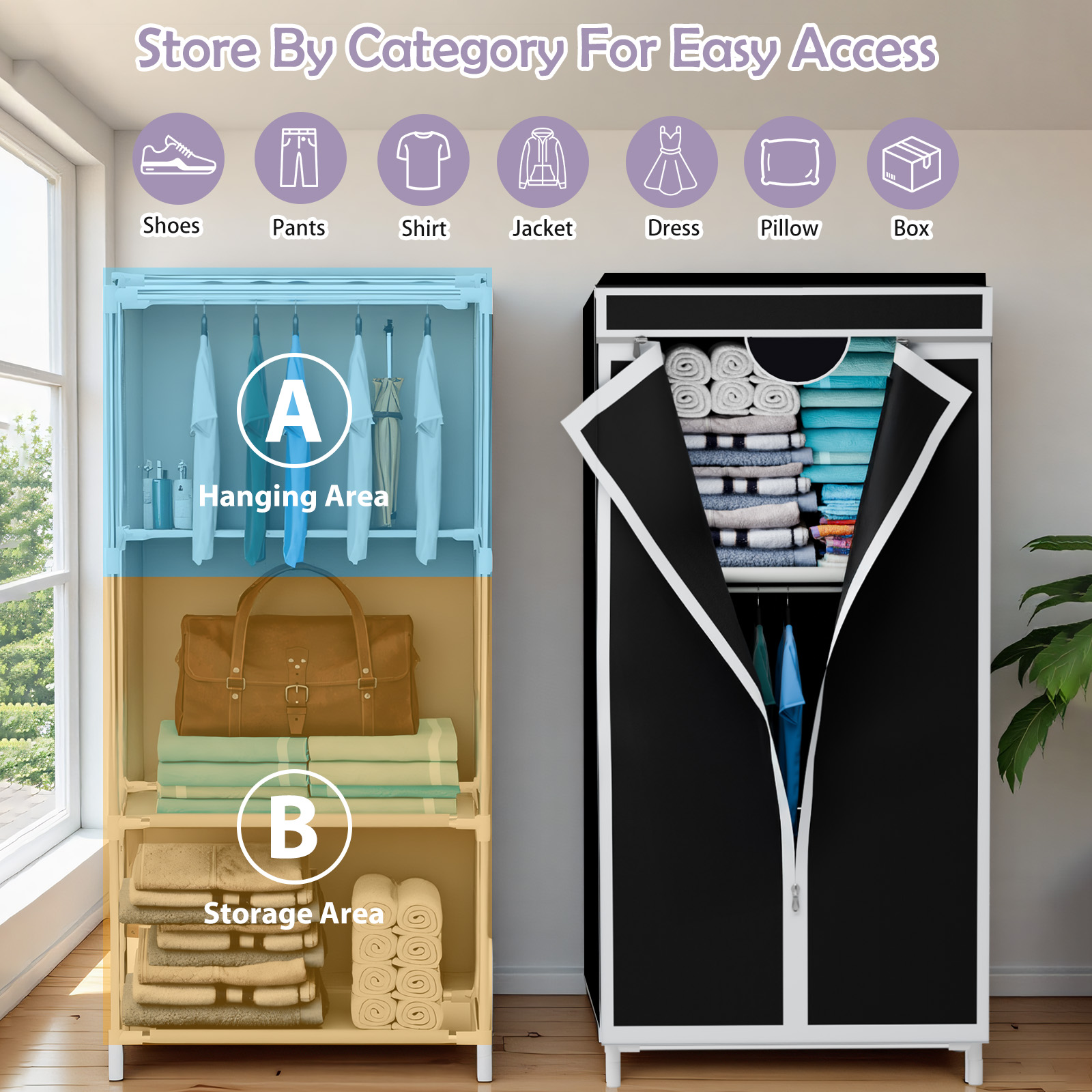 Wardrobe Closet Portable Fabric Cover - خزانة ملابس قماشية محمولة مع رف