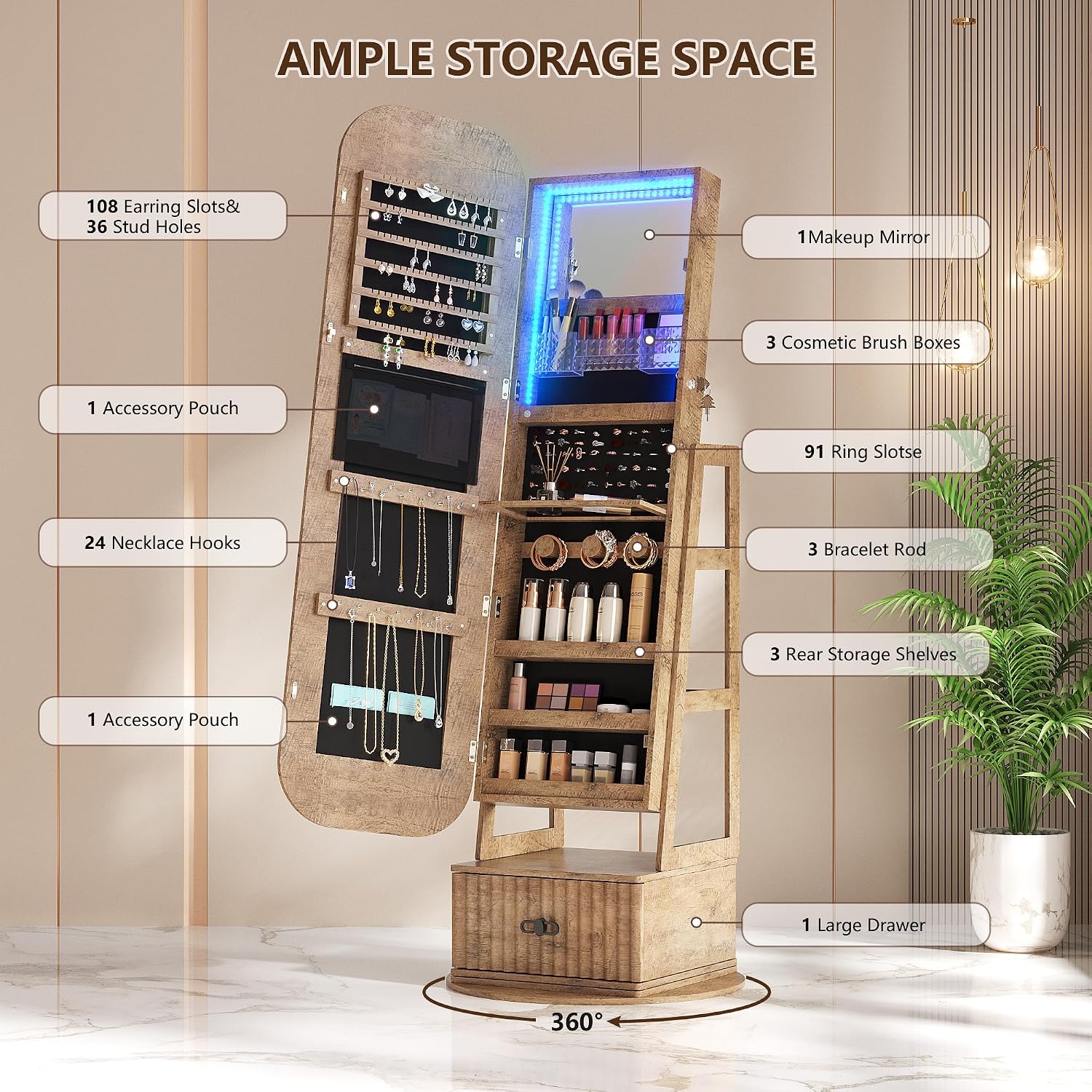 منظم مجوهرات دوار 360 درجة مع  - مراجعة Full Length Mirror Jewelry Armoire وسعره