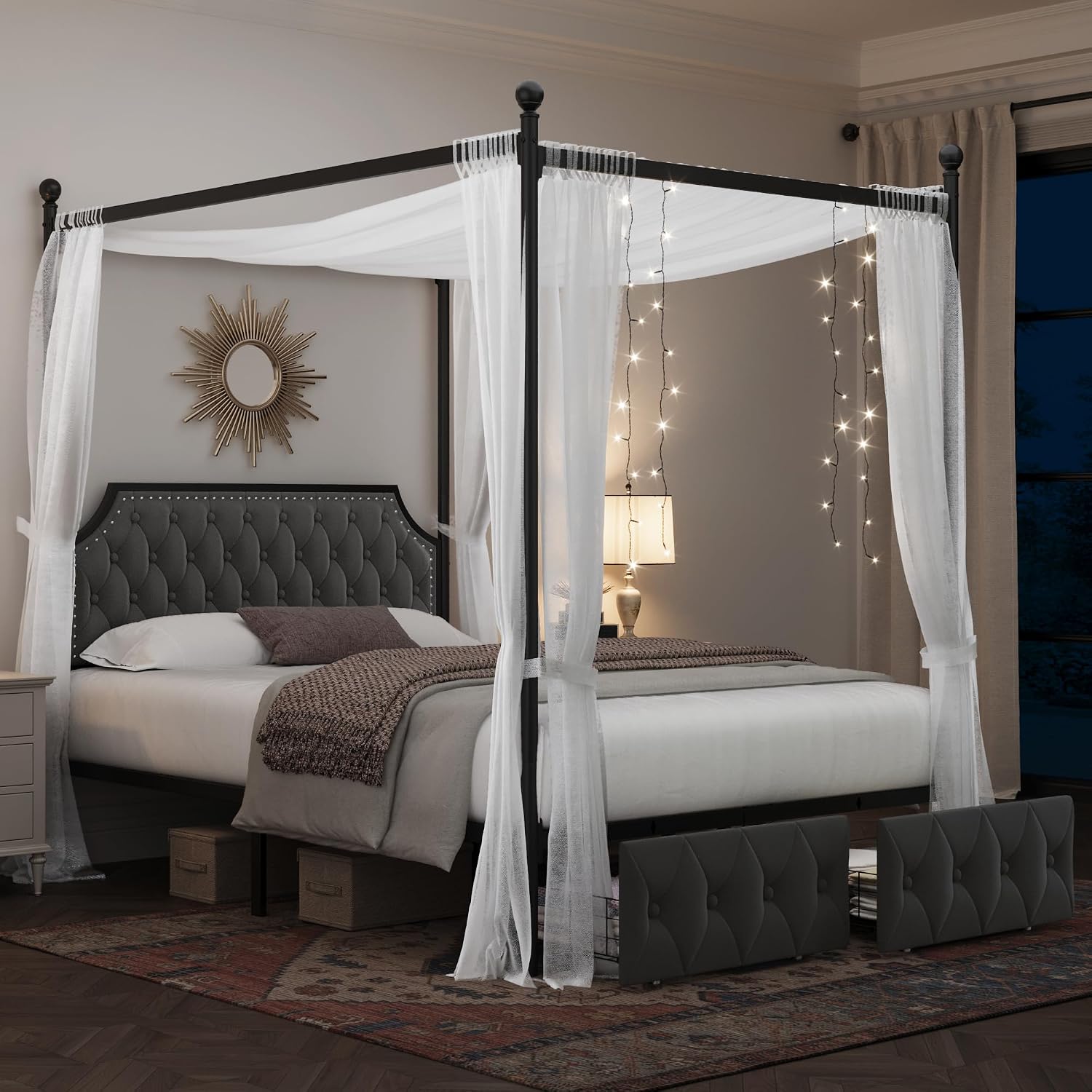 إطار سرير كوين مع أدراج تخزين  - مراجعة Canopy Bed Frame Metal Queen وسعره