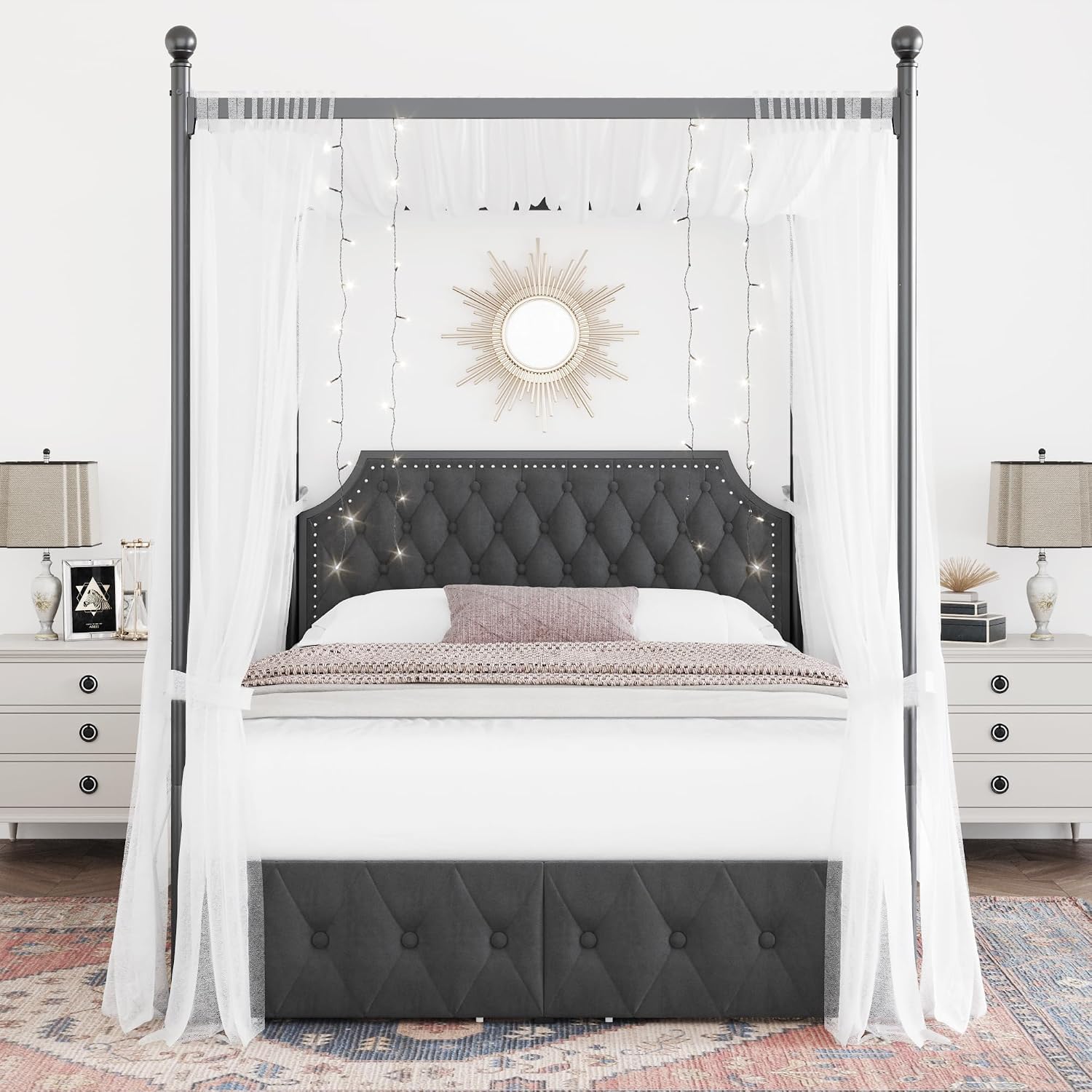 إطار سرير كوين مع أدراج تخزين  - مراجعة Canopy Bed Frame Metal Queen وسعره